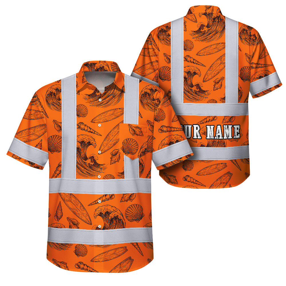 Orange Neon Waves Sea Pattern Hi-Vis Hawaiian Shirt