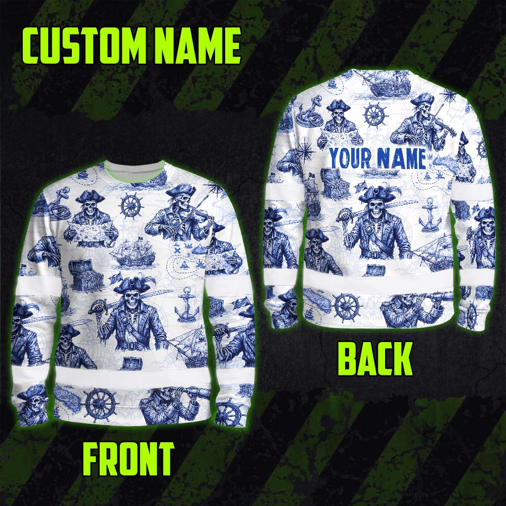 White Blue Skull Boat Hi-Vis Long Sleeve Shirt