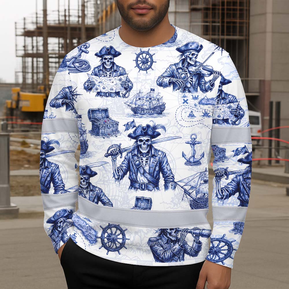 White Blue Skull Boat Hi-Vis Long Sleeve Shirt
