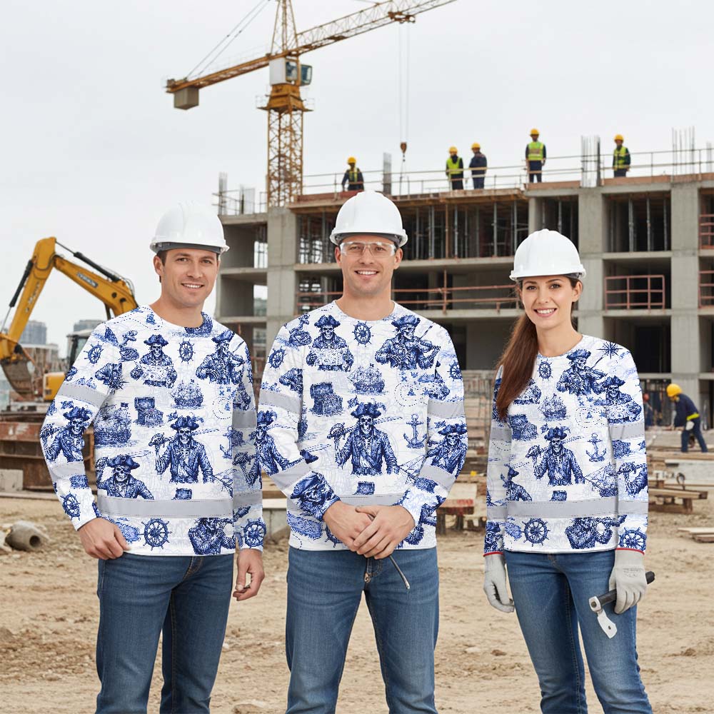 White Blue Skull Boat Hi-Vis Long Sleeve Shirt