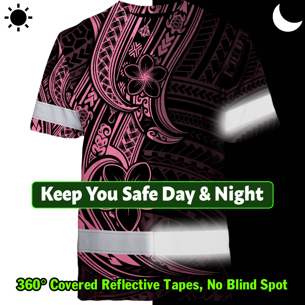 Pink Neon Polynesian And Flower Hi-Vis Work Shirt