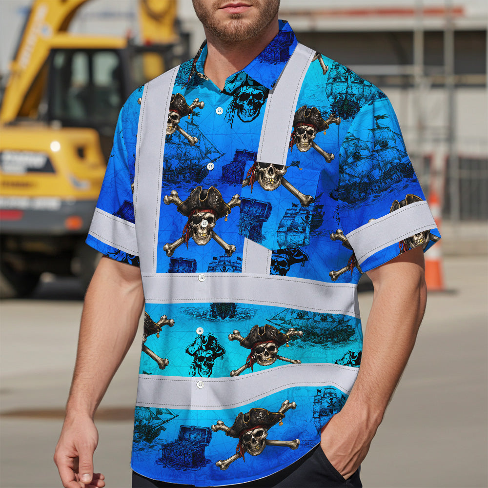 Blue Neon Gradient Skull Boat Hi-Vis Hawaiian Shirt