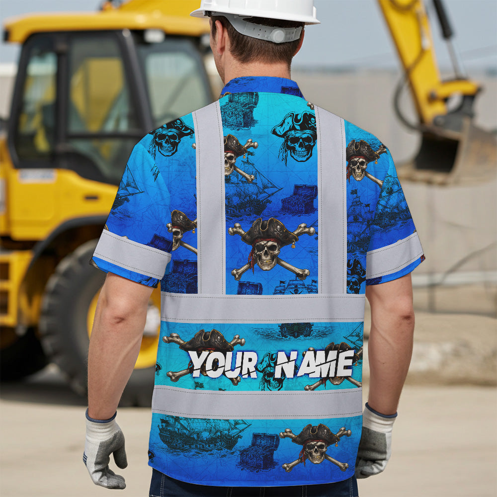 Blue Neon Gradient Skull Boat Hi-Vis Hawaiian Shirt