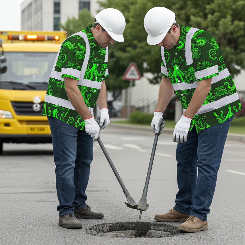 Green Neon Octopus Hi-Vis Hawaiian Shirt