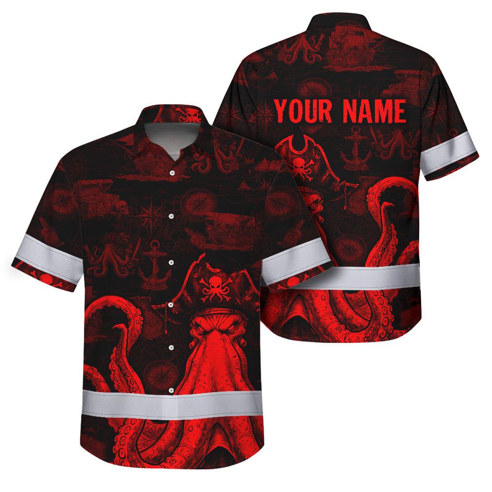 Red Neon Skull Boat Octopus Hi-Vis Hawaiian Shirt
