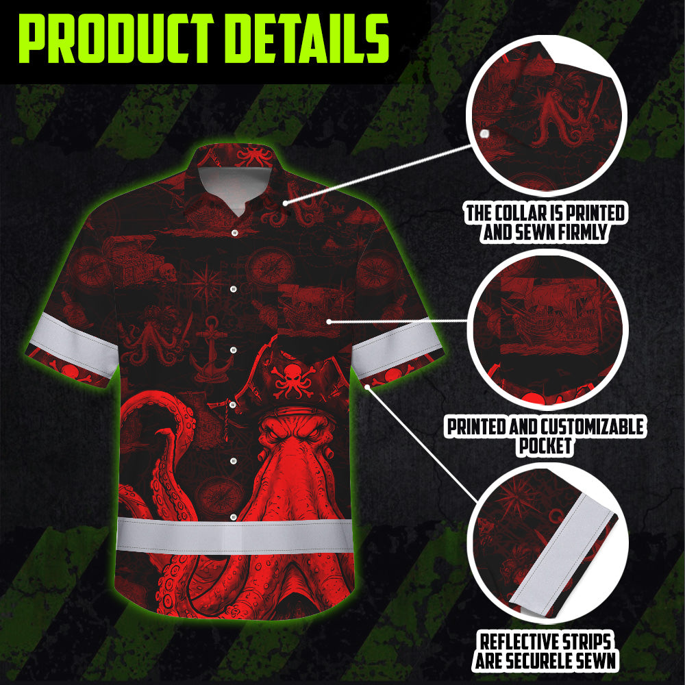Red Neon Skull Boat Octopus Hi-Vis Hawaiian Shirt