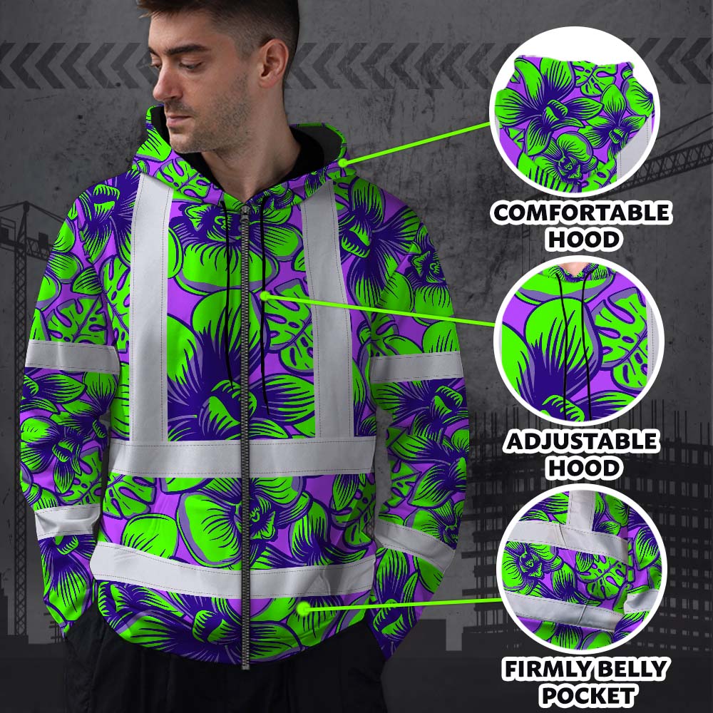 Green Neon Violet Orchid Hi-Vis Zip Hoodie