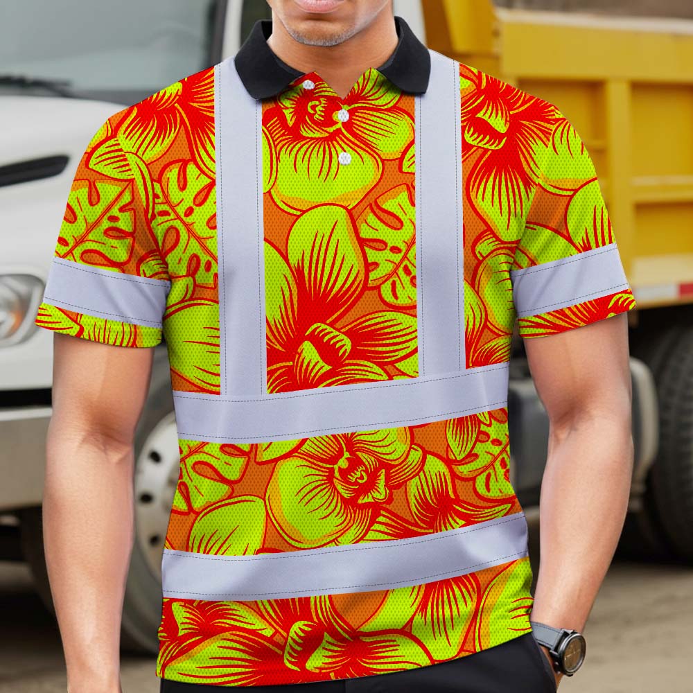 Orange Neon Yellow Orchid Hi-Vis Polo Shirt