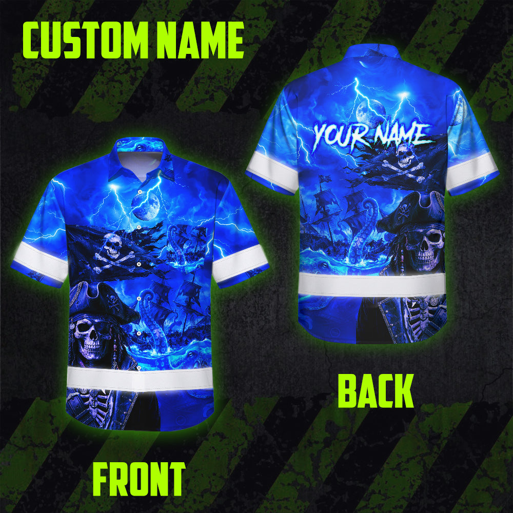 Blue Neon Skull Boat Hi-Vis Hawaiian Shirt