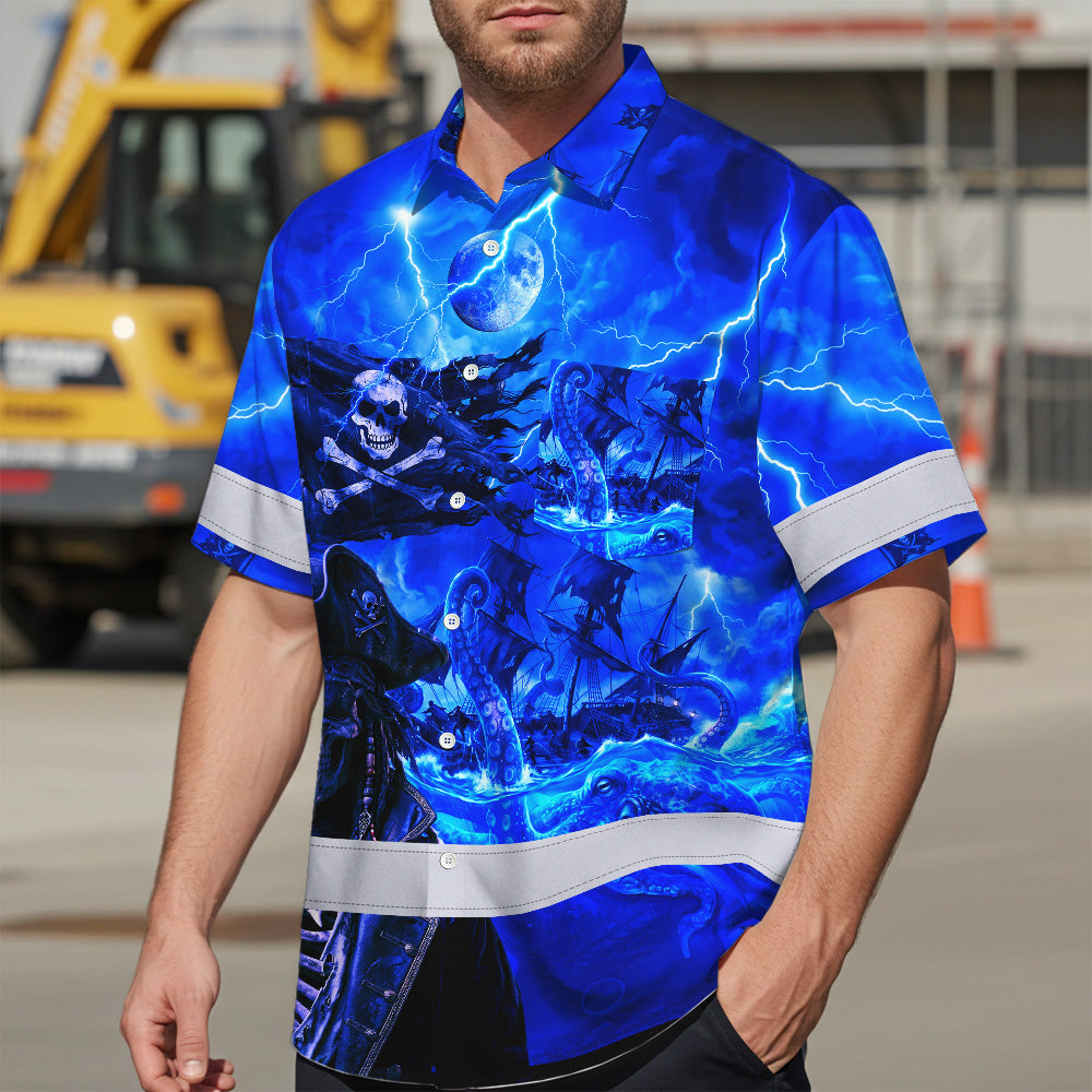 Blue Neon Skull Boat Hi-Vis Hawaiian Shirt