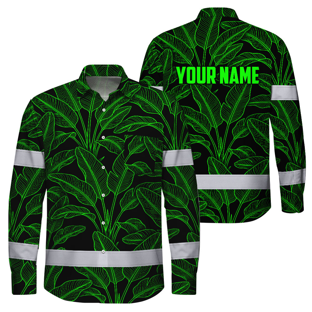 Hi Vis Hawaiian Long Sleeve Shirt Reflective Tapes Green Neon Leaves Hi-Vis Long Sleeve Shirt