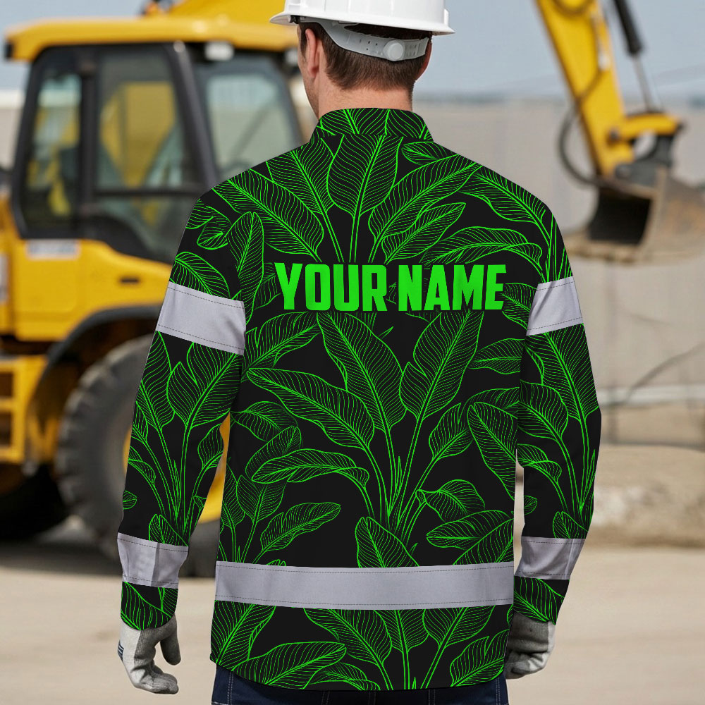 Hi Vis Hawaiian Long Sleeve Shirt Reflective Tapes Green Neon Leaves Hi-Vis Long Sleeve Shirt