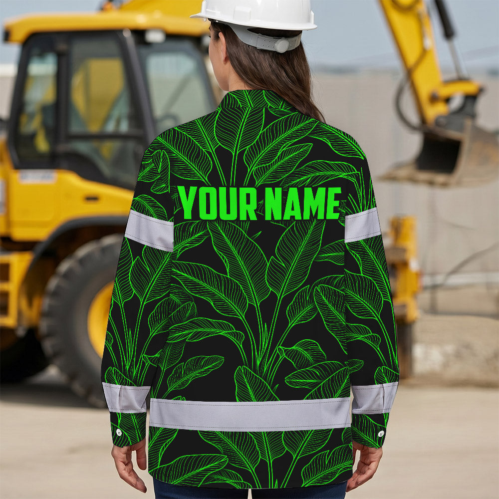 Hi Vis Hawaiian Long Sleeve Shirt Reflective Tapes Green Neon Leaves Hi-Vis Long Sleeve Shirt