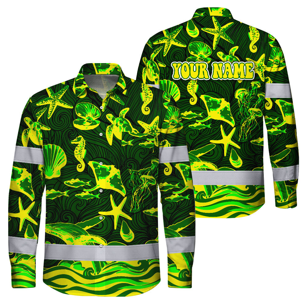 Hi Vis Hawaiian Long Sleeve Shirt Reflective Tape Gradient Green Yellow Sea Animal Hi-Vis Long Sleeve Shirt