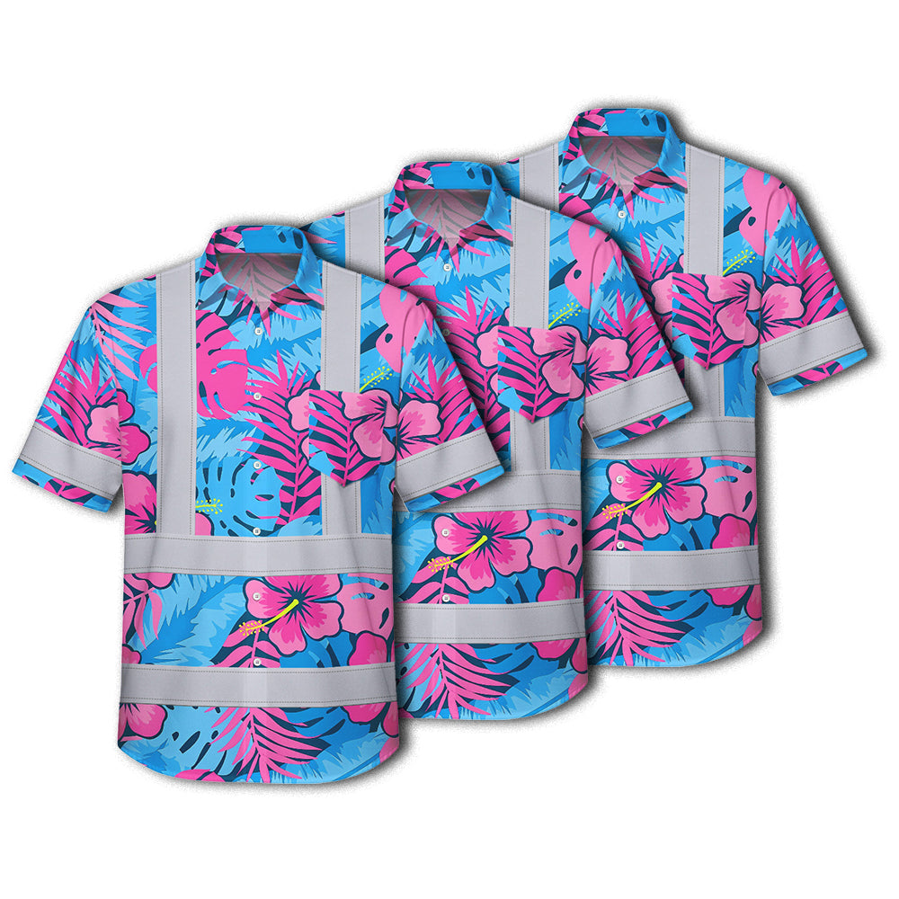 Pink Neon And Blue Flowers Hi-Vis Hawaiian Shirt