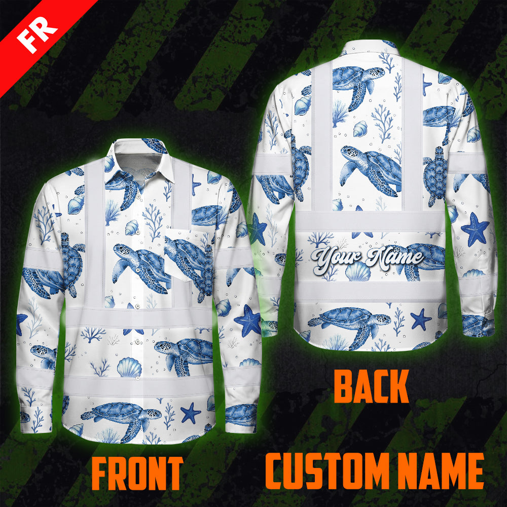 Hi Vis FR Button Long Sleeves Reflective Tapes Blue Flowers Turtle 2 Hi-Vis Work Shirt