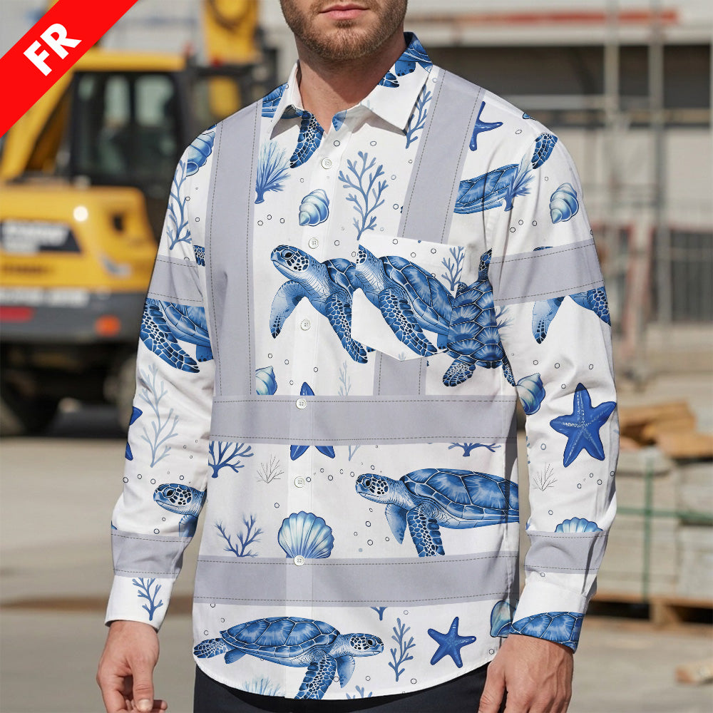 Hi Vis FR Button Long Sleeves Reflective Tapes Blue Flowers Turtle 2 Hi-Vis Work Shirt