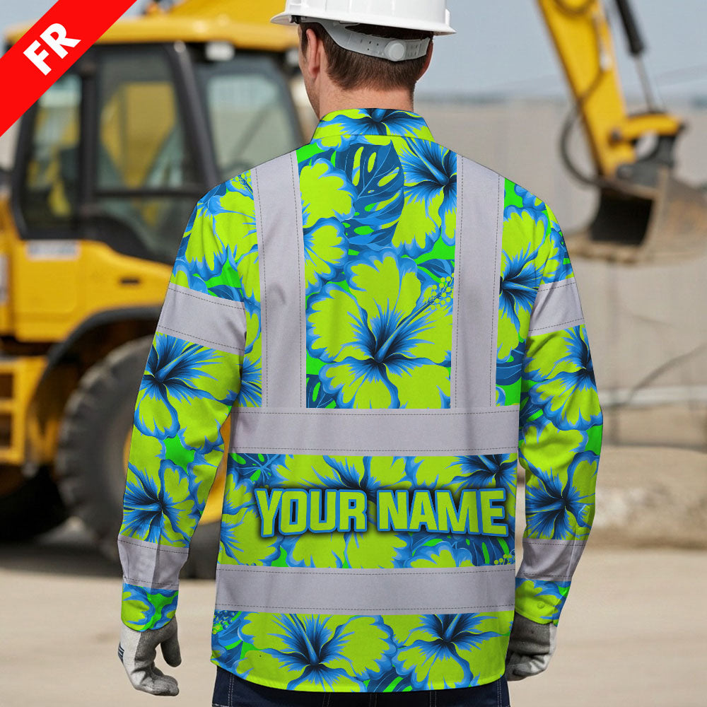 Hi Vis FR Button Long Sleeves Reflective Tapes Blue Neon And Green Flowers Hi-Vis Work Shirt