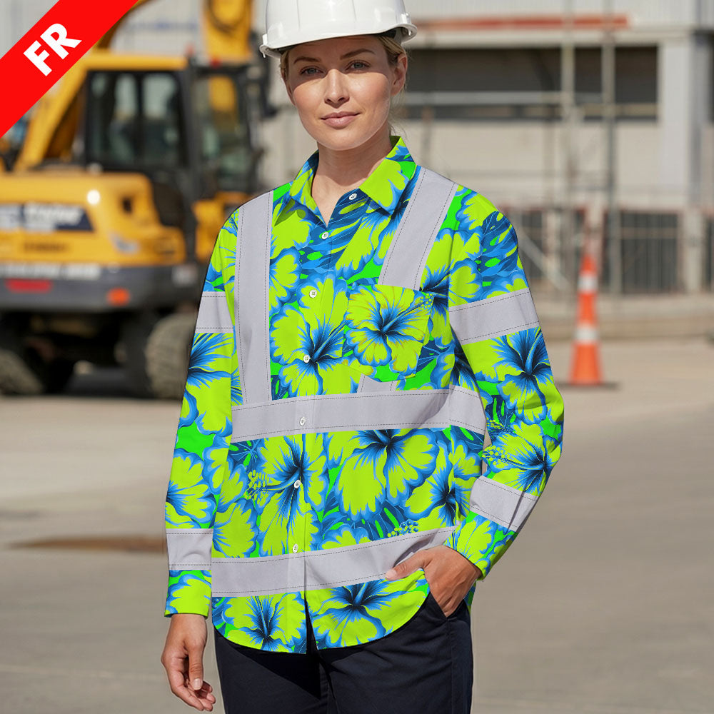 Hi Vis FR Button Long Sleeves Reflective Tapes Blue Neon And Green Flowers Hi-Vis Work Shirt