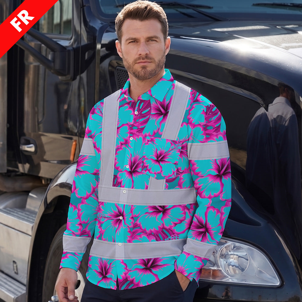 Hi Vis FR Button Long Sleeves Reflective Tapes Blue Neon And Pink Flowers Hi-Vis Work Shirt