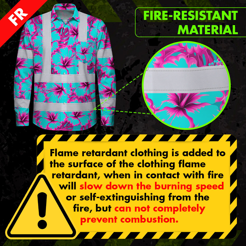 Hi Vis FR Button Long Sleeves Reflective Tapes Blue Neon And Pink Flowers Hi-Vis Work Shirt