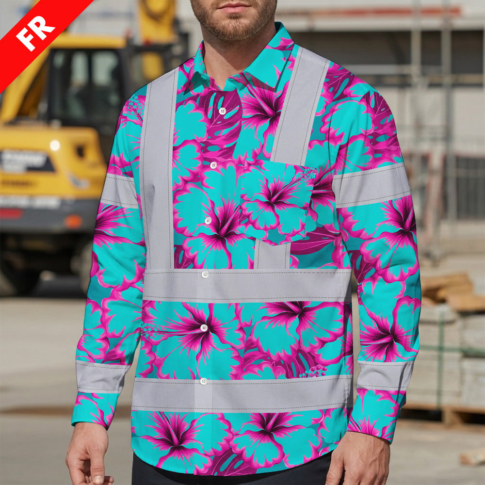 Hi Vis FR Button Long Sleeves Reflective Tapes Blue Neon And Pink Flowers Hi-Vis Work Shirt