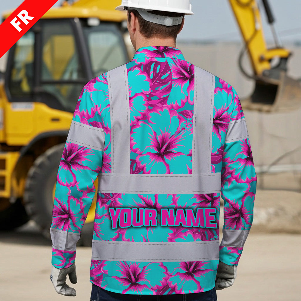 Hi Vis FR Button Long Sleeves Reflective Tapes Blue Neon And Pink Flowers Hi-Vis Work Shirt