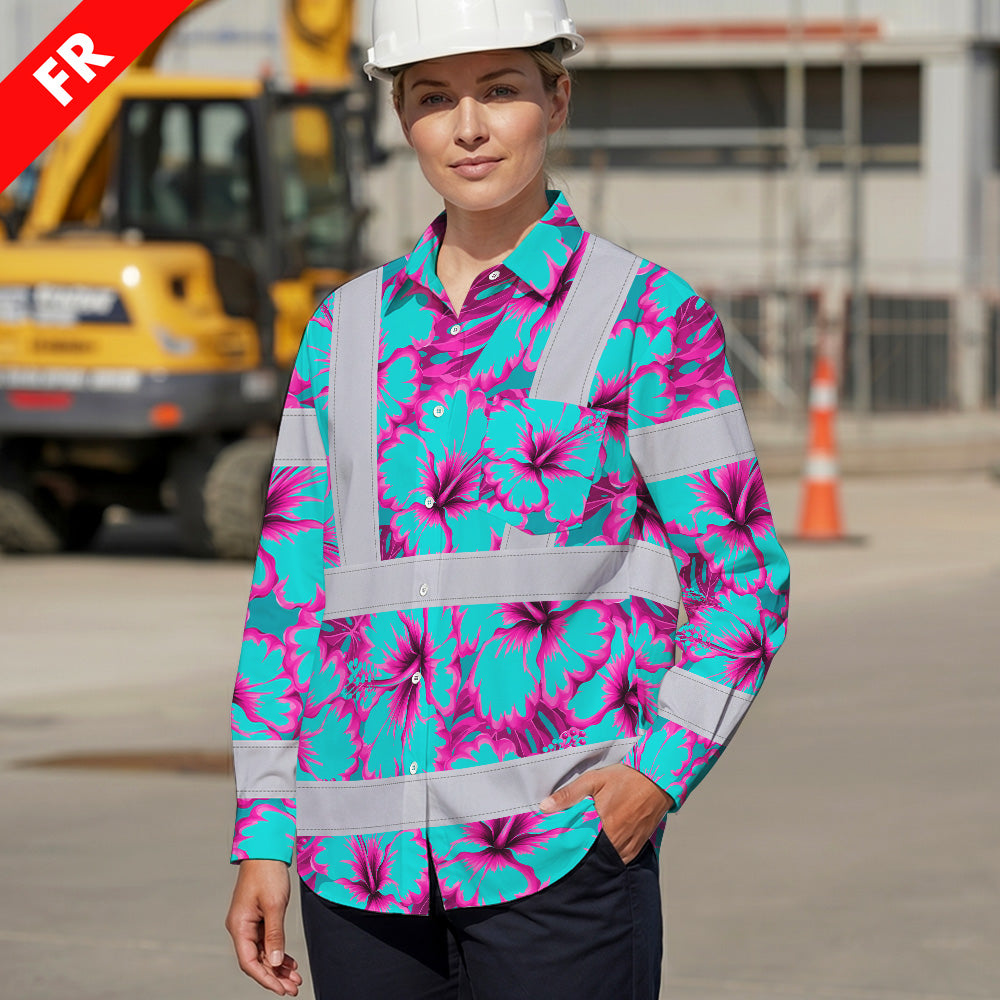 Hi Vis FR Button Long Sleeves Reflective Tapes Blue Neon And Pink Flowers Hi-Vis Work Shirt