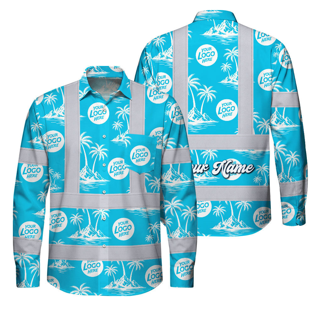 Hi Vis FR Button Long Sleeves Reflective Tapes Blue Neon And White Flowers Hi-Vis Work Shirt