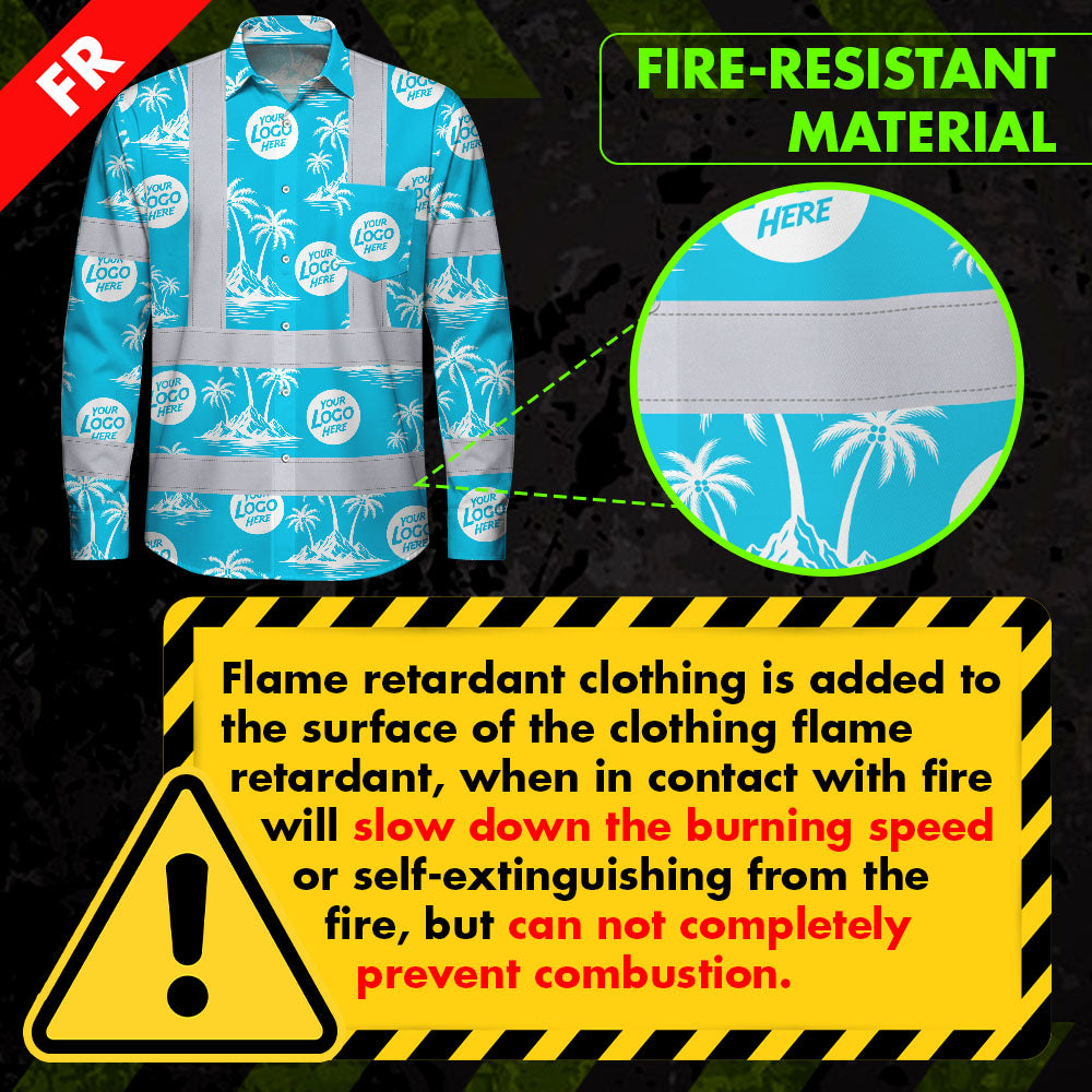 Hi Vis FR Button Long Sleeves Reflective Tapes Blue Neon And White Flowers Hi-Vis Work Shirt