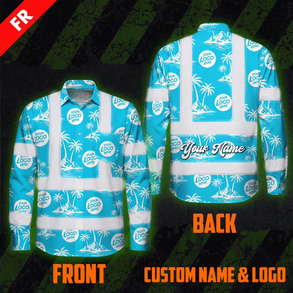 Hi Vis FR Button Long Sleeves Reflective Tapes Blue Neon And White Flowers Hi-Vis Work Shirt