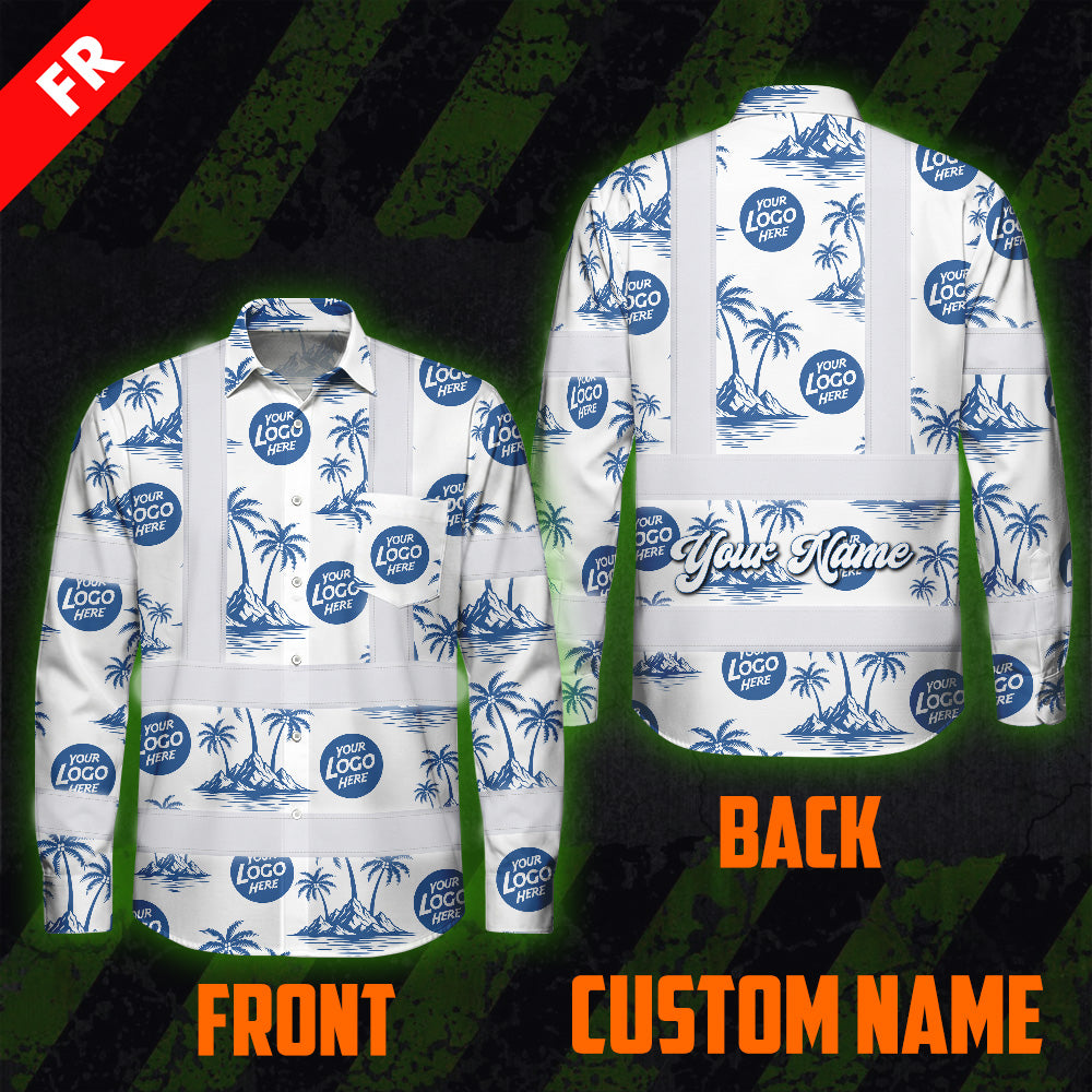 Hi Vis FR Button Long Sleeves Reflective Tapes Dark Blue And White Flowers Hi-Vis Work Shirt