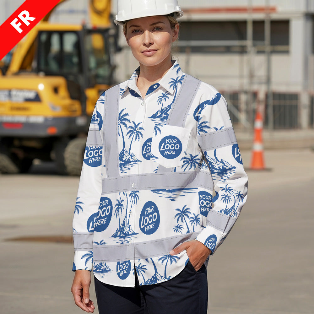Hi Vis FR Button Long Sleeves Reflective Tapes Dark Blue And White Flowers Hi-Vis Work Shirt