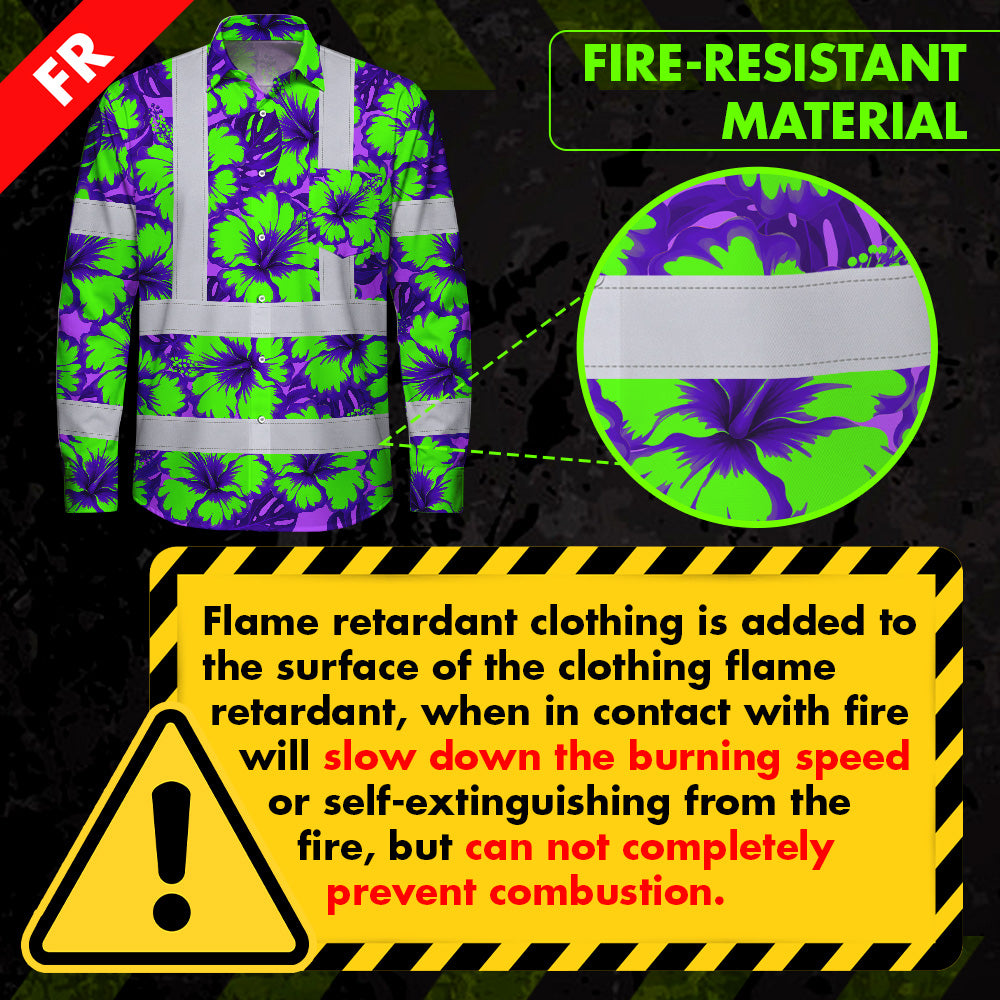 Hi Vis FR Button Long Sleeves Reflective Tapes Green Neon And Violet Flowers Hi-Vis Work Shirt