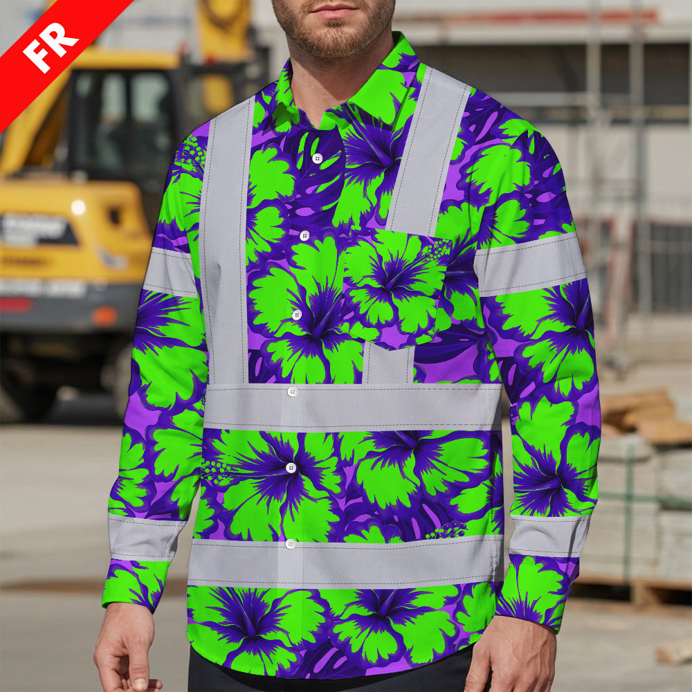 Hi Vis FR Button Long Sleeves Reflective Tapes Green Neon And Violet Flowers Hi-Vis Work Shirt