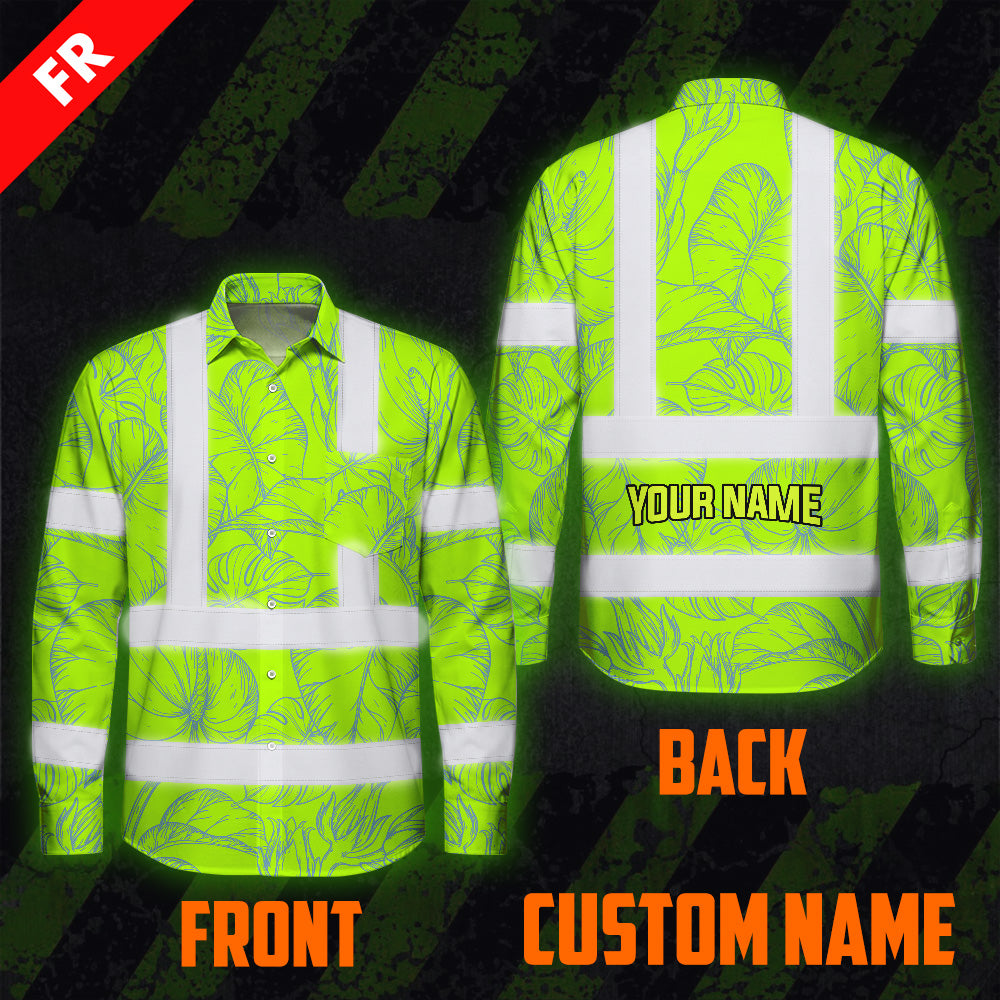 Hi Vis FR Button Long Sleeves Reflective Tapes Green Neon Flowers Hi-Vis Work Shirt