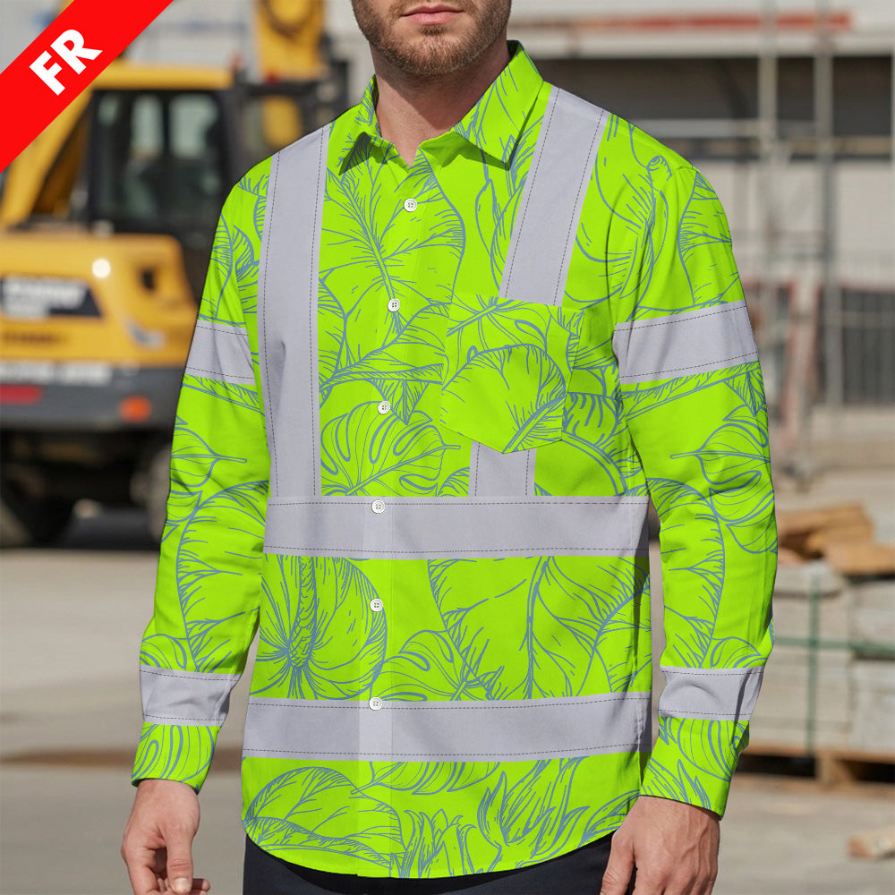 Hi Vis FR Button Long Sleeves Reflective Tapes Green Neon Flowers Hi-Vis Work Shirt