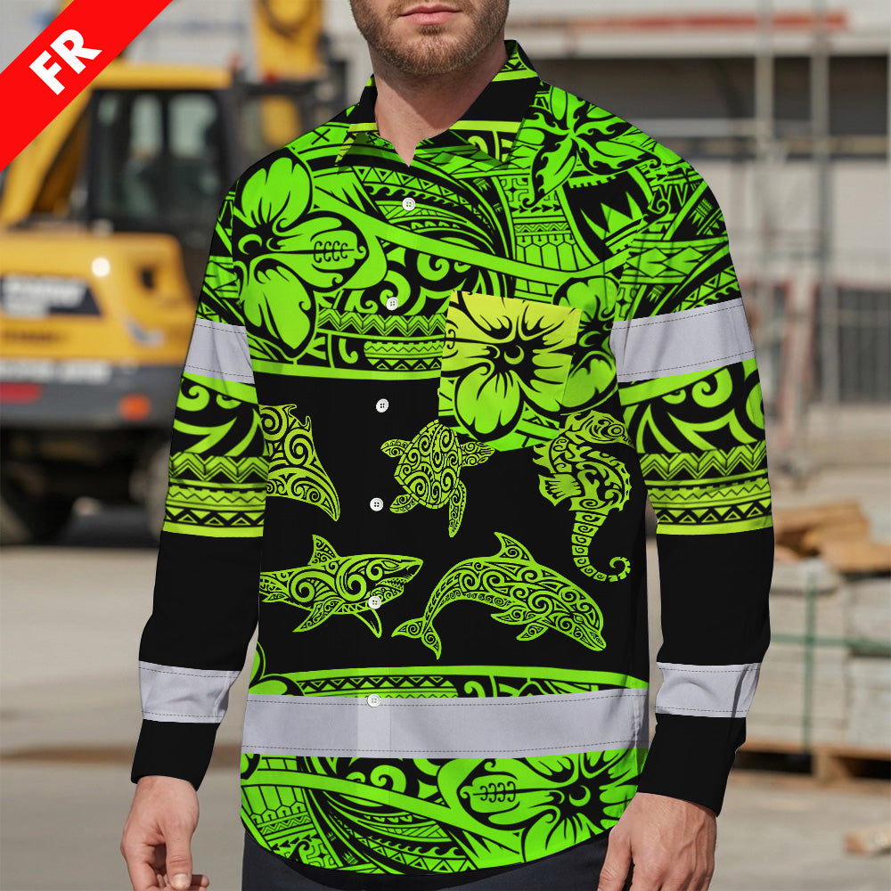 Hi Vis FR Button Long Sleeves Reflective Tapes Green Neon Hi-Vis Work Shirt