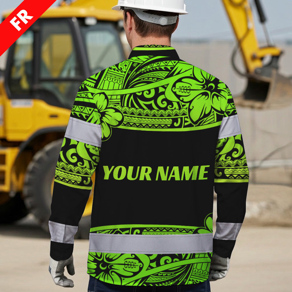Hi Vis FR Button Long Sleeves Reflective Tapes Green Neon Hi-Vis Work Shirt