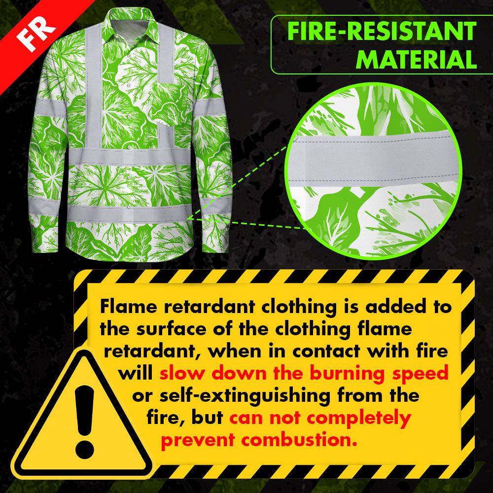 Hi Vis FR Button Long Sleeves Reflective Tapes Green Neon White Flowers Hi-Vis Work Shirt