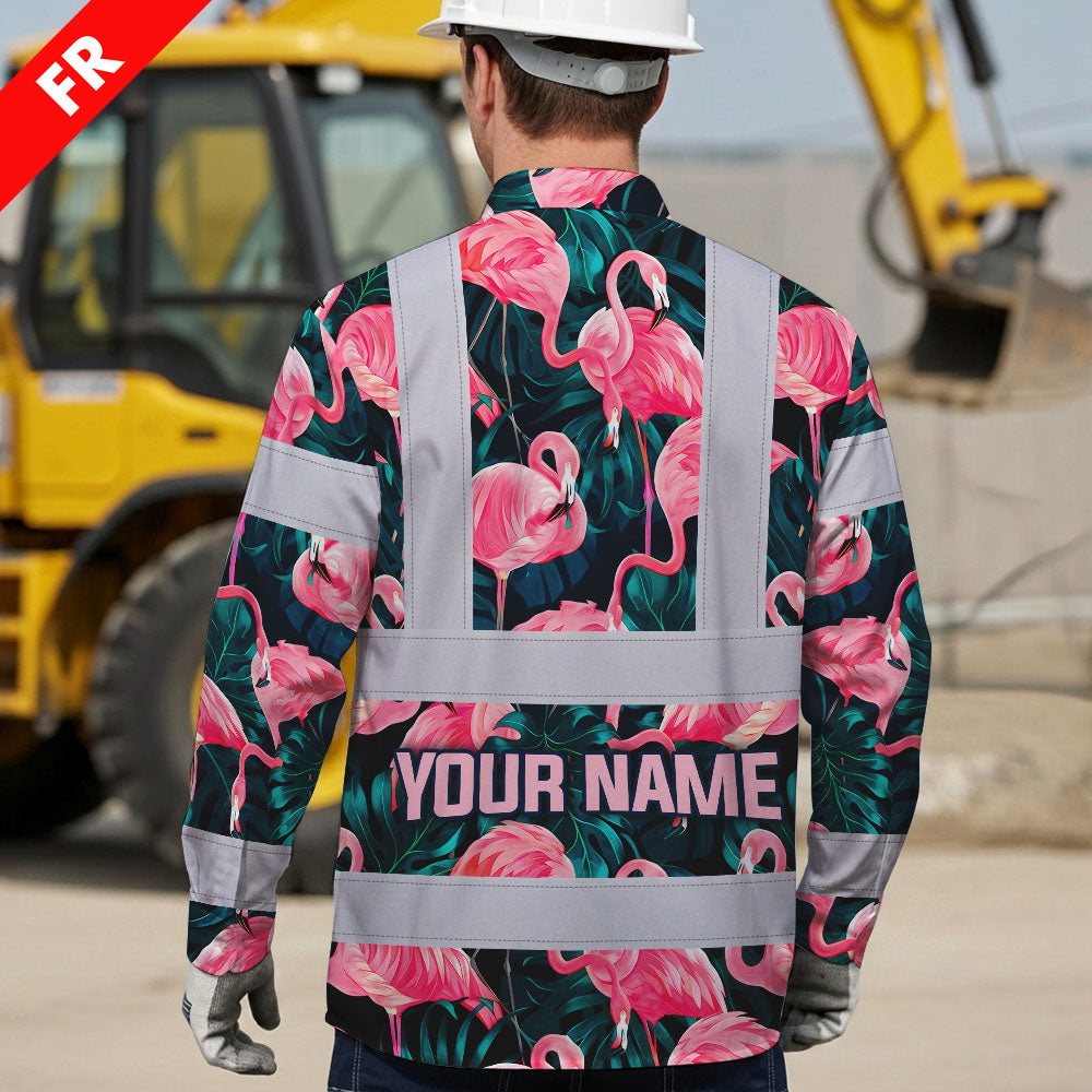 Hi Vis FR Button Long Sleeves Reflective Tapes Hawaii Flamingo Hi-Vis Work Shirt
