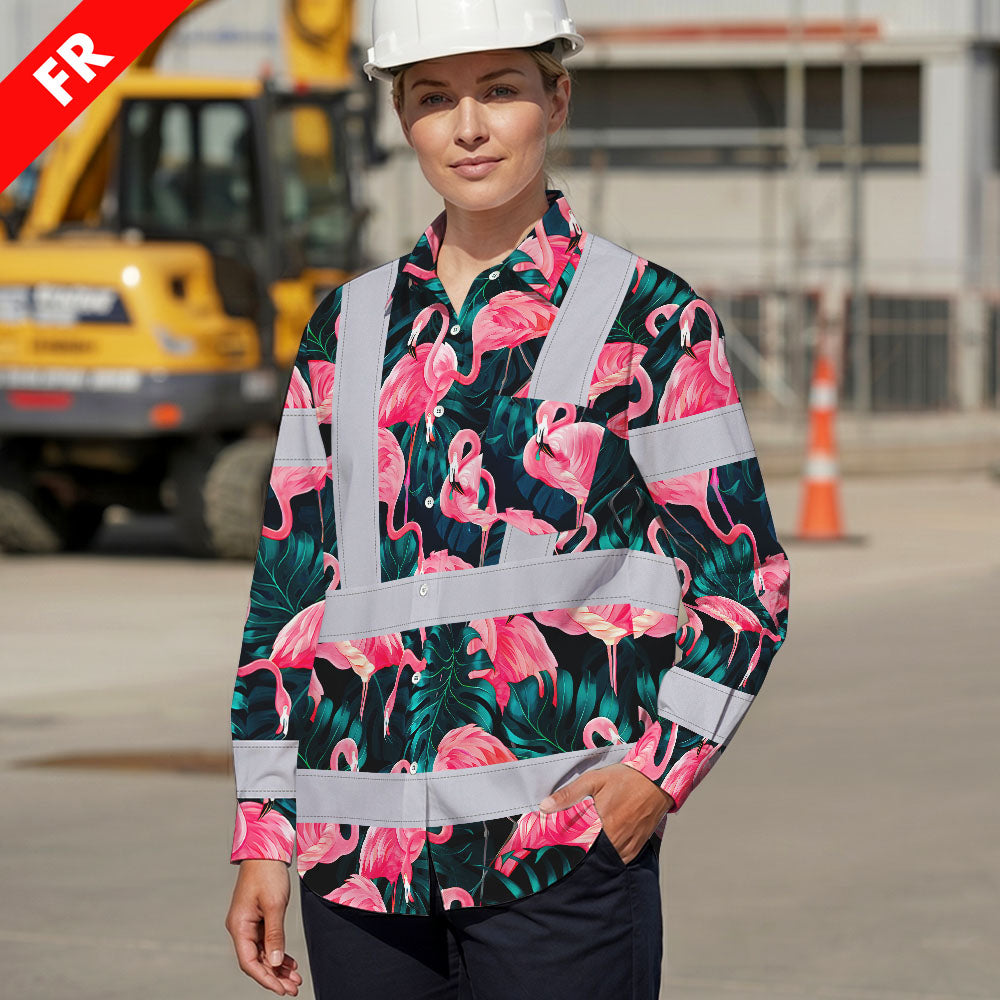 Hi Vis FR Button Long Sleeves Reflective Tapes Hawaii Flamingo Hi-Vis Work Shirt