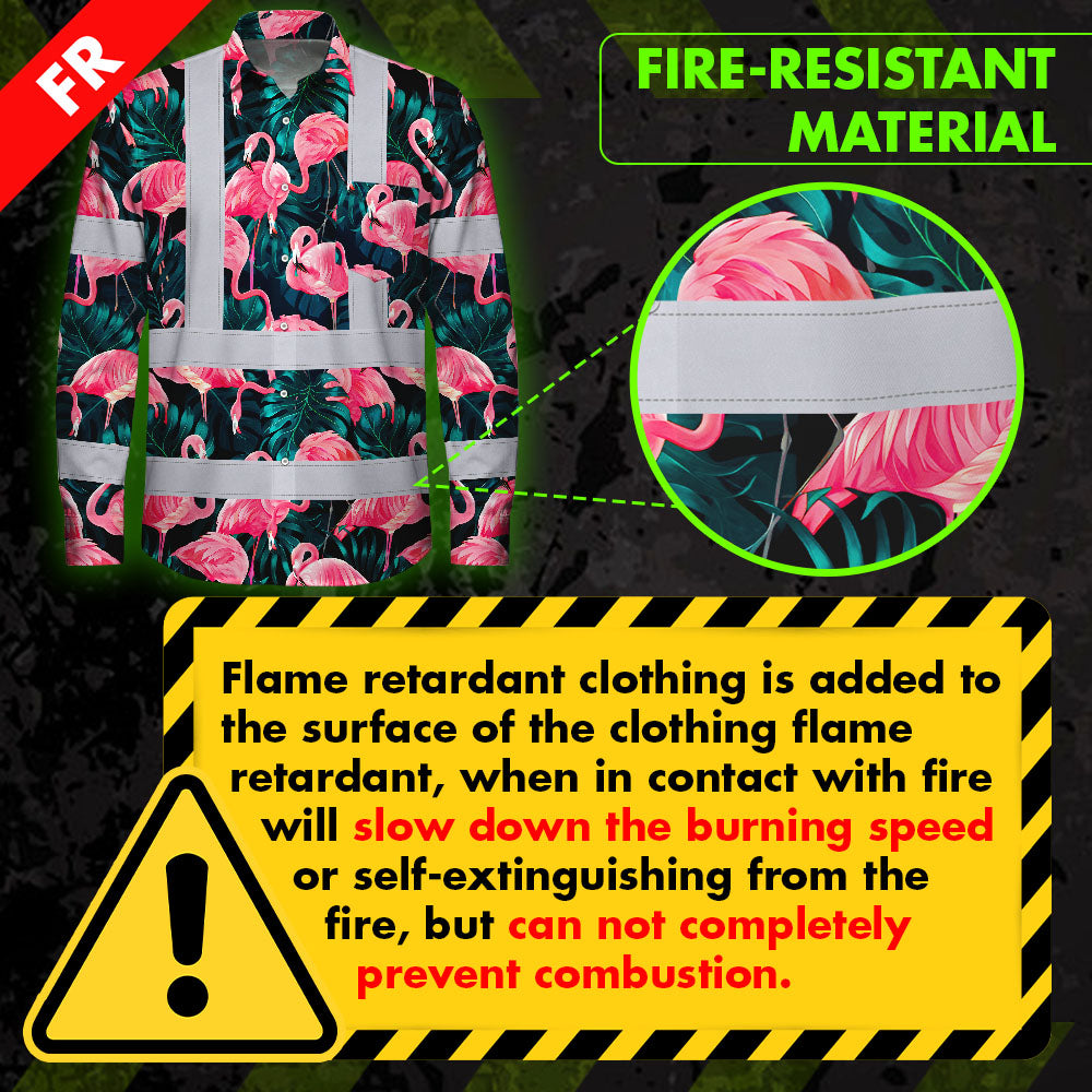 Hi Vis FR Button Long Sleeves Reflective Tapes Hawaii Flamingo Hi-Vis Work Shirt