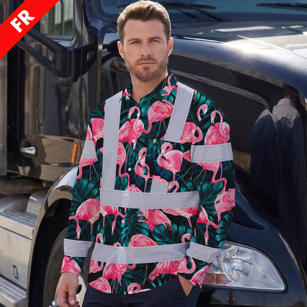 Hi Vis FR Button Long Sleeves Reflective Tapes Hawaii Flamingo Hi-Vis Work Shirt