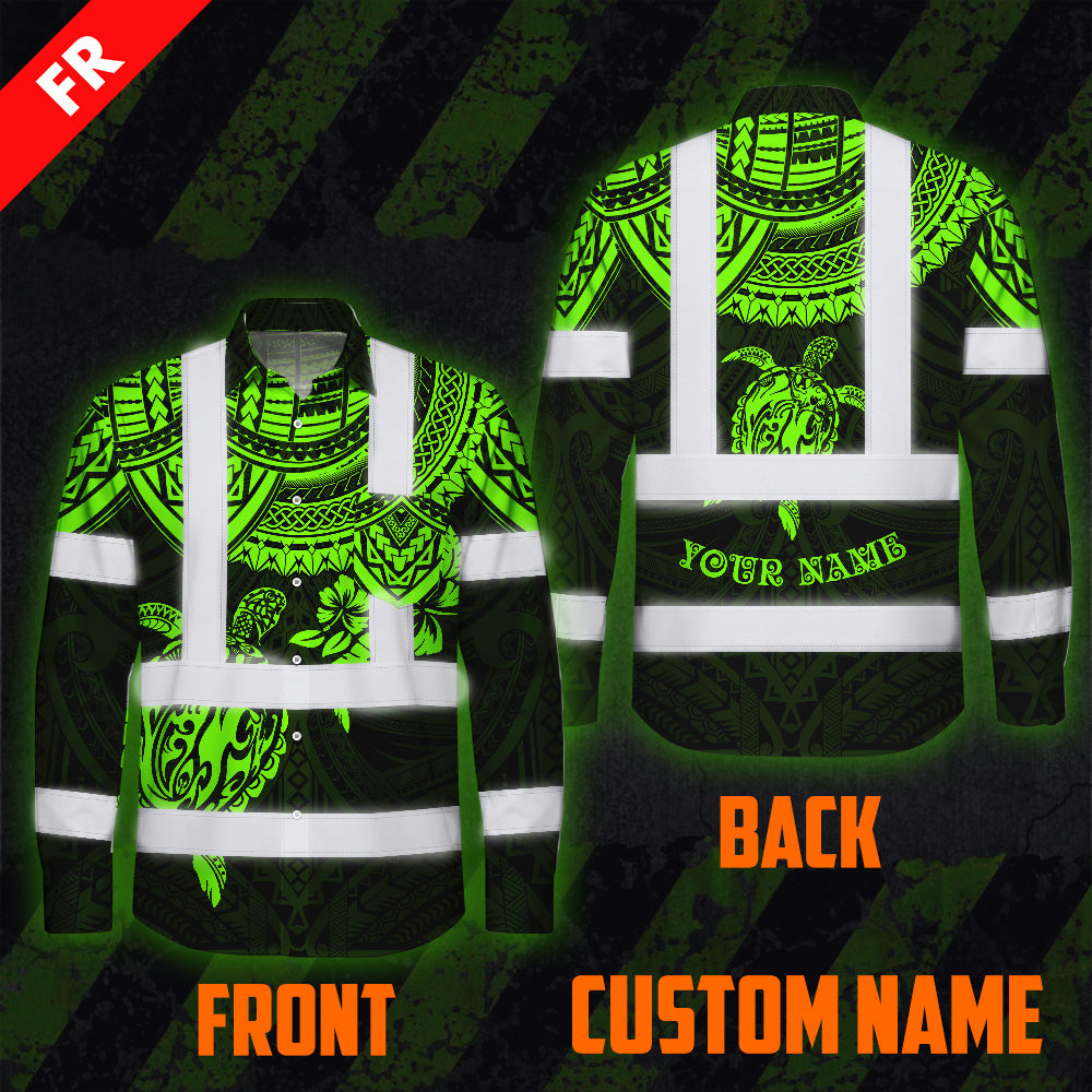 Hi Vis FR Button Long Sleeves Reflective Tapes Hawaiian Green Turtle Flower Hi-Vis Work Shirt