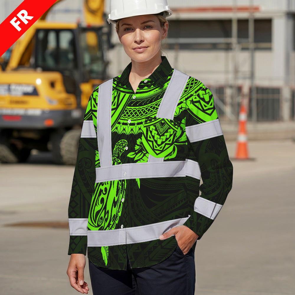 Hi Vis FR Button Long Sleeves Reflective Tapes Hawaiian Green Turtle Flower Hi-Vis Work Shirt
