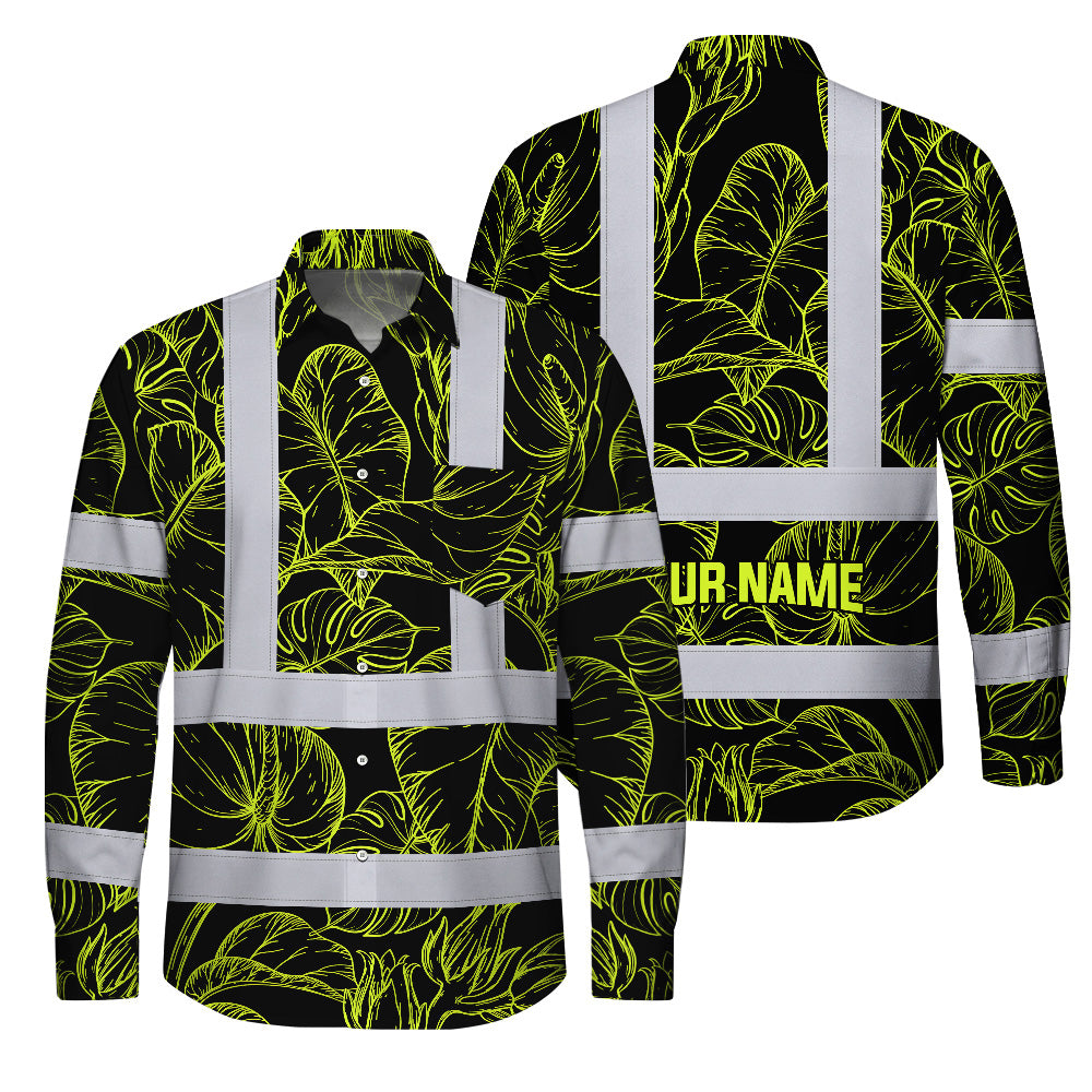 Hi Vis FR Button Long Sleeves Reflective Tapes Lime Neon Flowers Hi-Vis Work Shirt