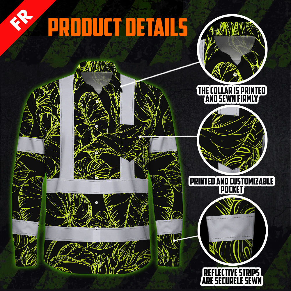 Hi Vis FR Button Long Sleeves Reflective Tapes Lime Neon Flowers Hi-Vis Work Shirt