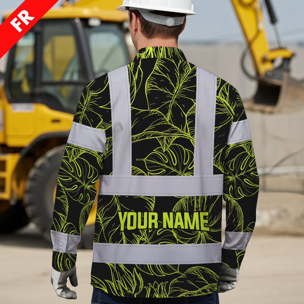 Hi Vis FR Button Long Sleeves Reflective Tapes Lime Neon Flowers Hi-Vis Work Shirt