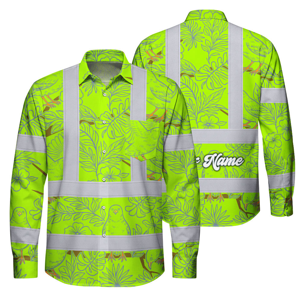 Hi Vis FR Button Long Sleeves Reflective Tapes Lime Neon White 2 Flowers Hi-Vis Work Shirt